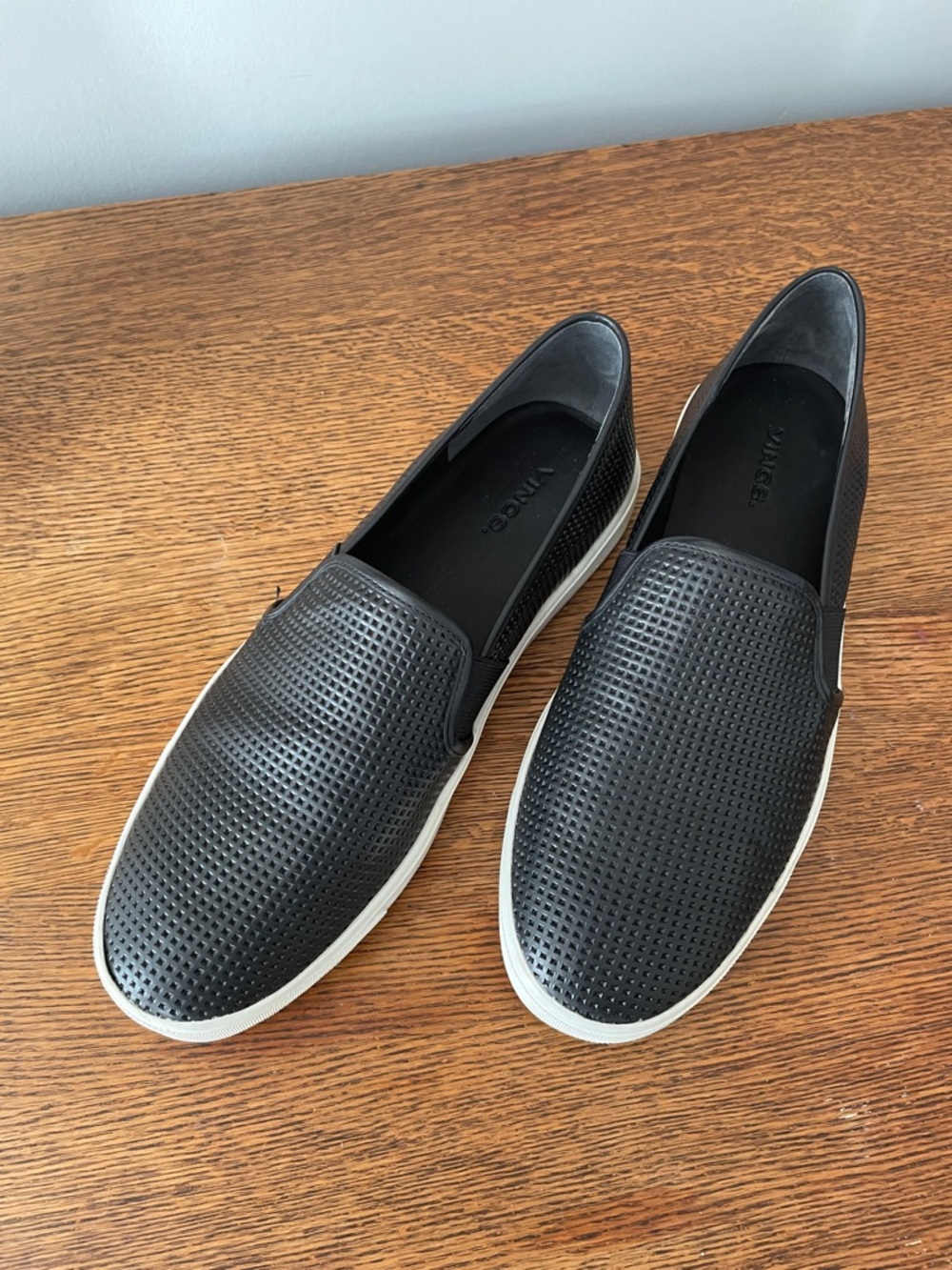 Women’s Vince black leather Perforated Slip-On Sneakers with White Sole